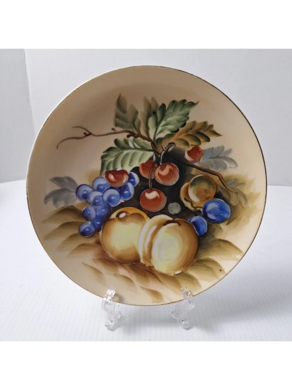 (2) LEFTON CHINA HAND PAINTED VTG MID 20TH CENTURY FRUIT SCENE GOLD TRIM PLATES